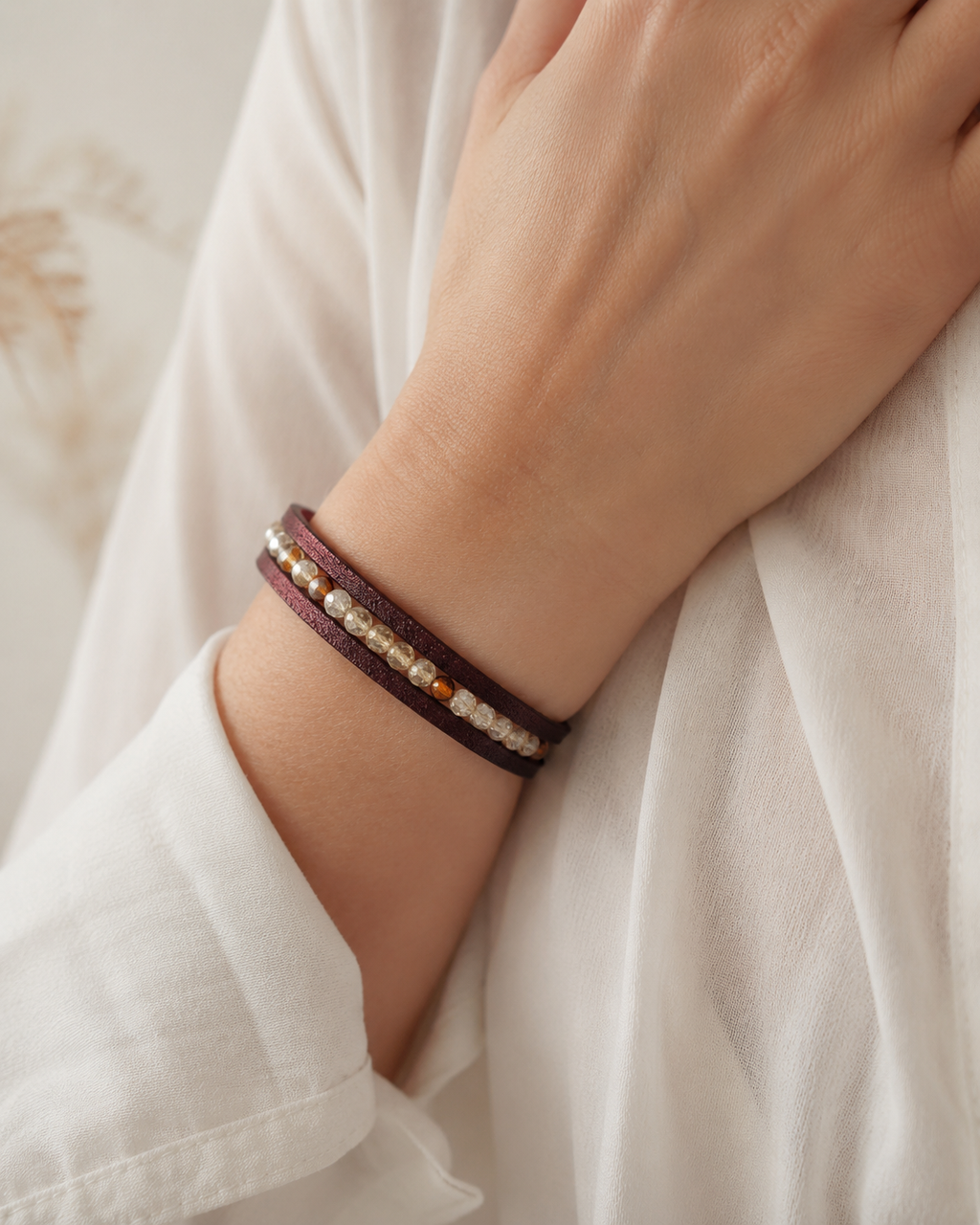 Höstglöd – läderarmband med citrin och bärnstensfärgade glaspärlor