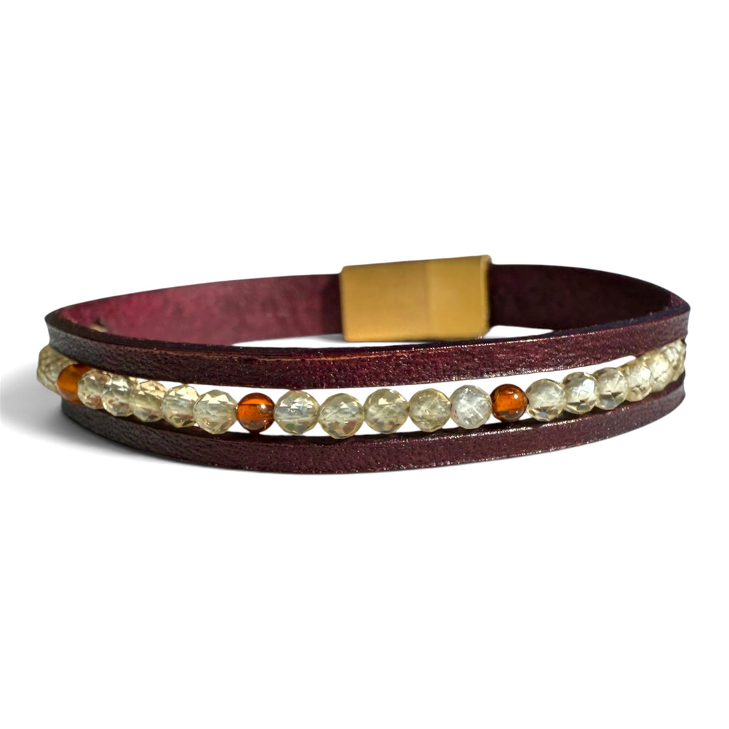 Höstglöd – läderarmband med citrin och bärnstensfärgade glaspärlor