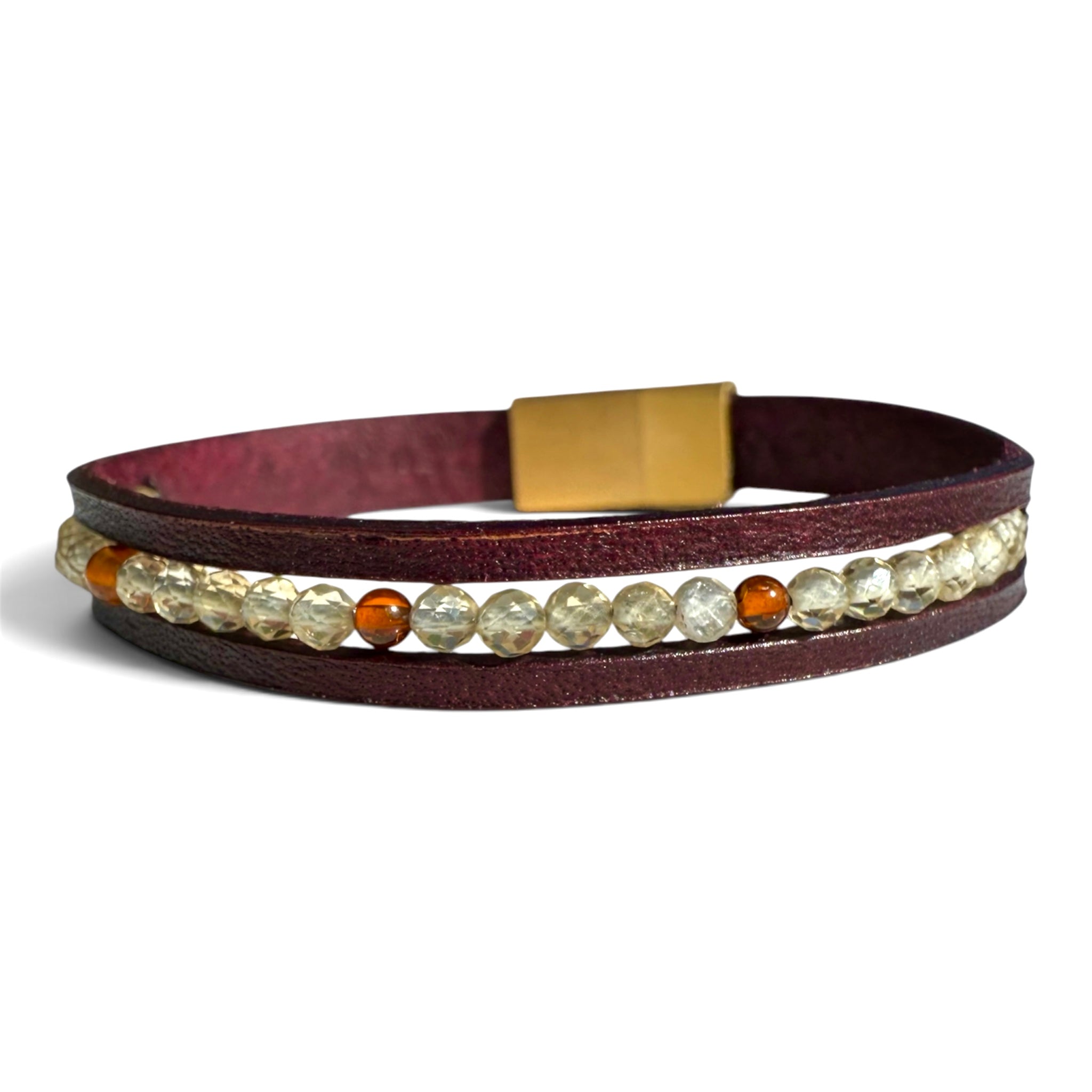 Höstglöd – läderarmband med citrin och bärnstensfärgade glaspärlor